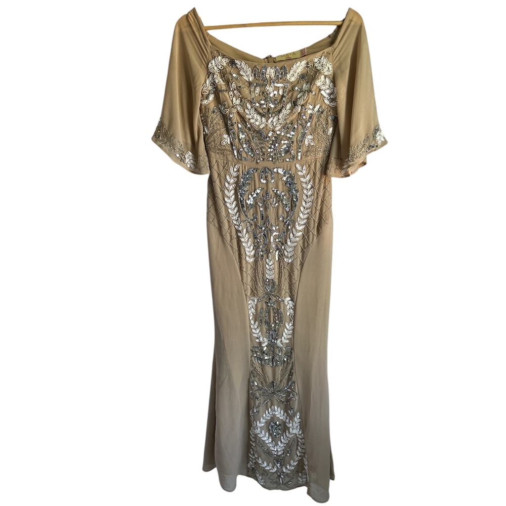 Maya Women’s Size 4 Mercy Beaded Sequin Maxi Gown Nude
